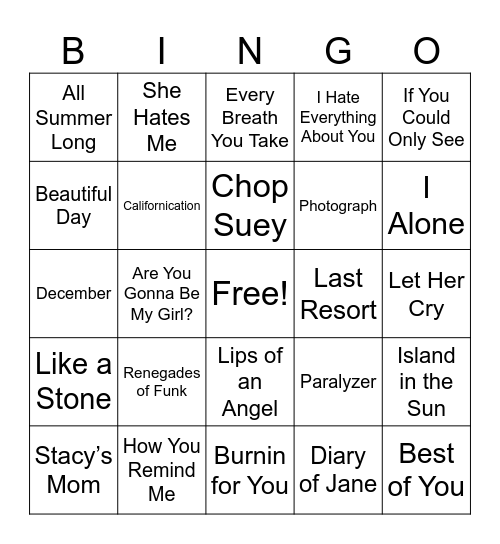 Dad Rock Bingo Card