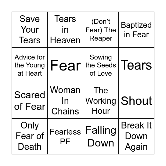Tears or Fears Bingo Card