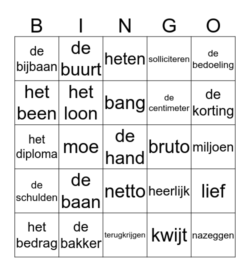 Werk en geld  Bingo Card