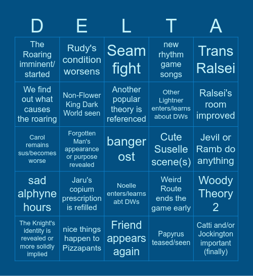 Jade's Deltarune prediction bingo Card