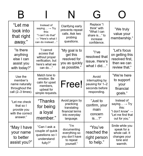 Professionalism Service Bingo Card