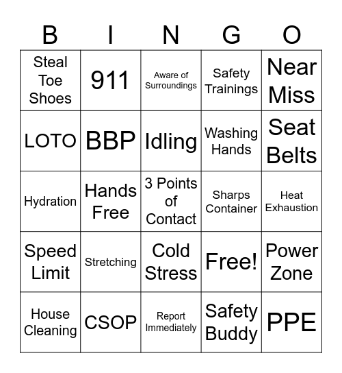 Safety Bingo! Bingo Card