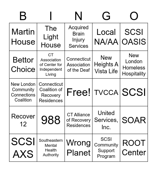 Connecticut Mental Health Services Bingo Card