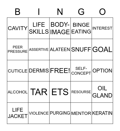 HEALTH Bingo Card