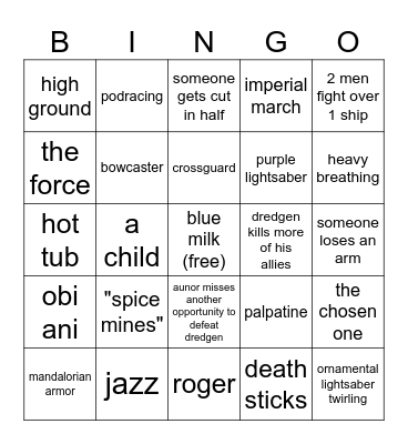 Destiny Final DLC Star Wars Bingo Card