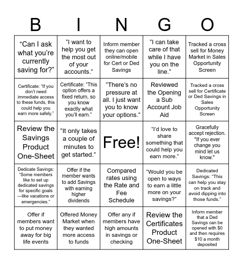 Certificates, Dedicates Savings, and Money Market Cross Selling BINGO Card