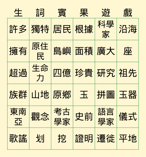 主題二：臺灣原住民歷史 Bingo Card