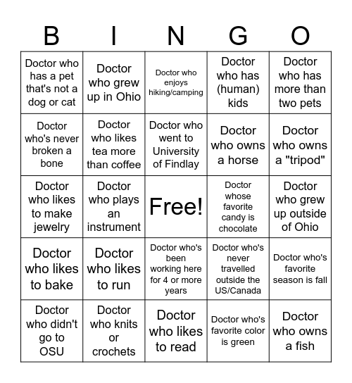 DOCTOR BINGO Card