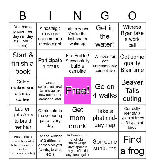 Cottage Bingo Card
