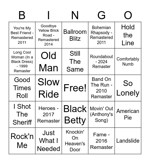 70s rock Bingo Card