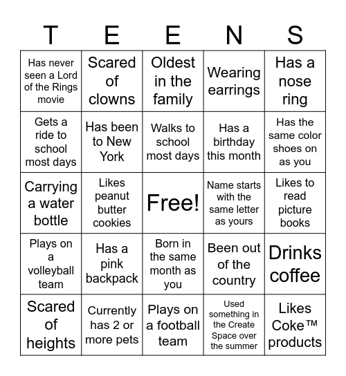 Staff Asks Kids Bingo Card