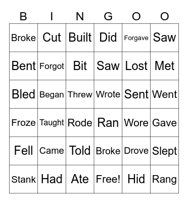 Irregular verbs Bingo Card