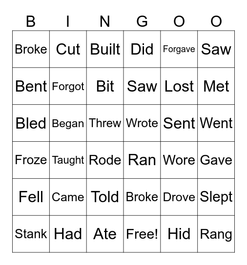 Irregular verbs Bingo Card