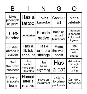 GET TO KNOW YOU Bingo Card
