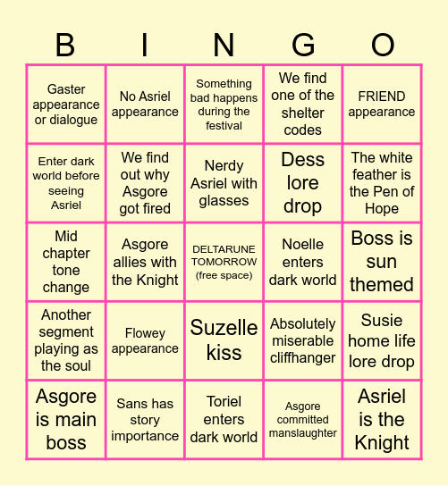 Deltarune ch. 5 predictions Bingo Card