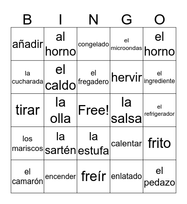 Cocinar Vocabulario #3 Bingo Card