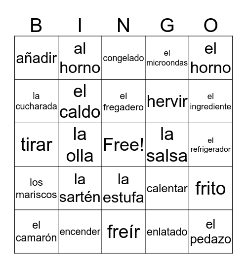 Cocinar Vocabulario #3 Bingo Card
