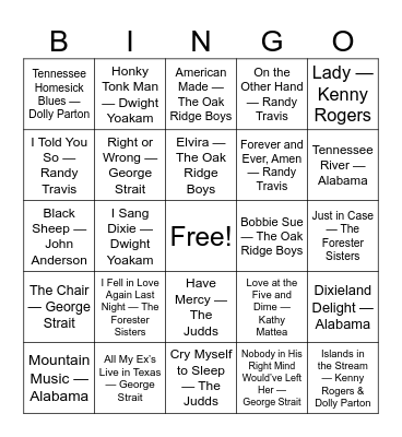 80's Country Bingo Card