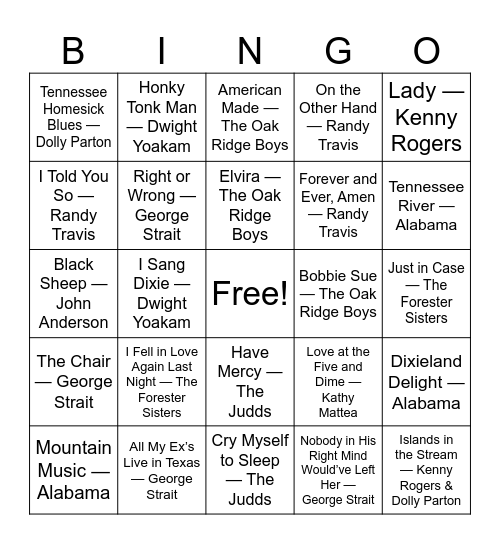 80's Country Bingo Card