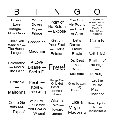80's Dance Hits Bingo Card