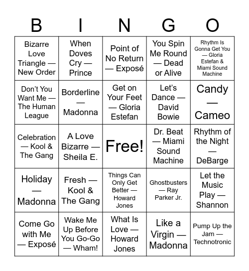 80's Dance Hits Bingo Card