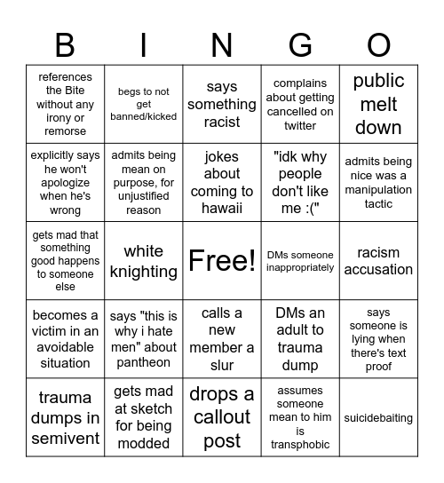 derangement Bingo Card