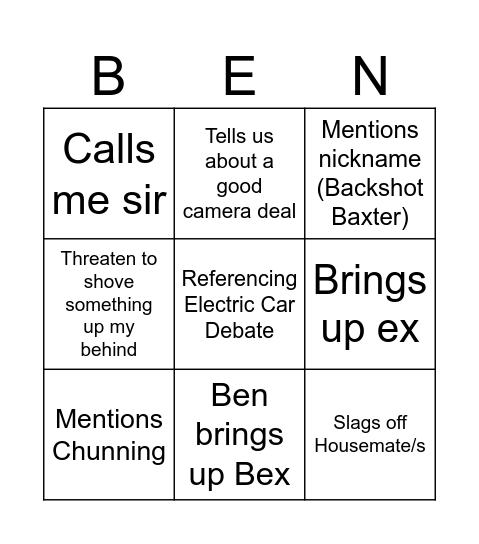 BEN Bingo Card