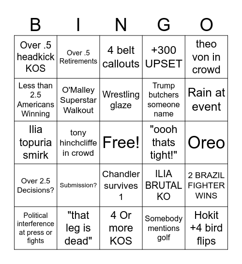 UFC White House Bingo Card