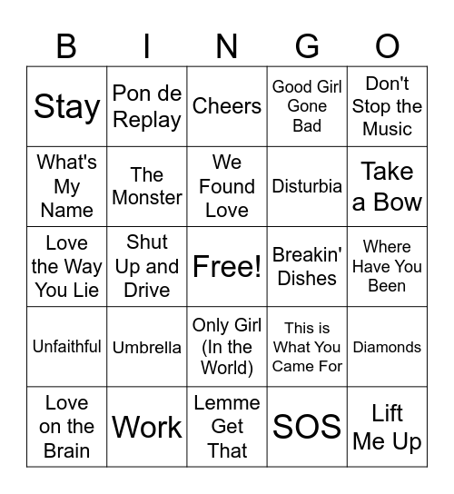 Rhianna Bingo Card