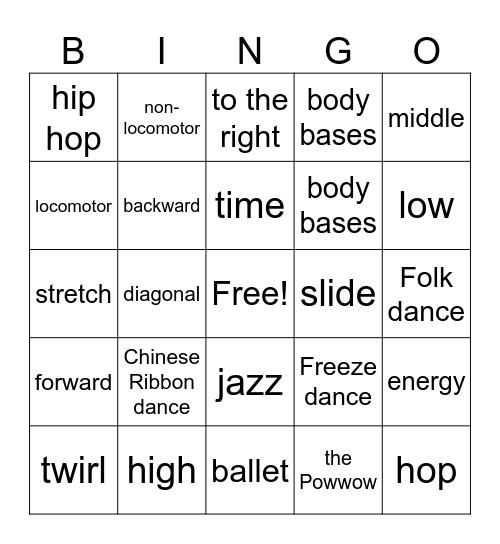 DANCE - gr. 2 Bingo Card