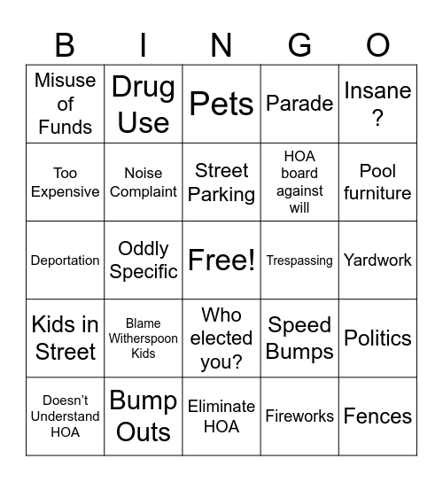 HOA Meeting Bingo Card