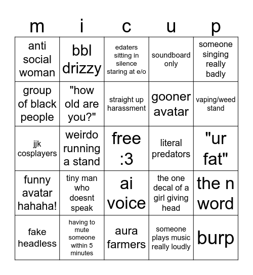 mic up bingo Card