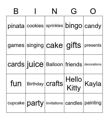 Kayla's Birthday Bingo Card