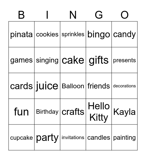 Kayla's Birthday Bingo Card