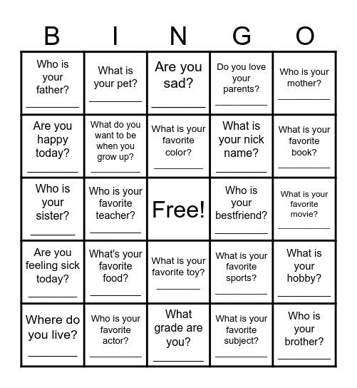 Knowing Me, Knowing You Bingo Card
