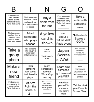 World Cup Watch Party Bingo Card