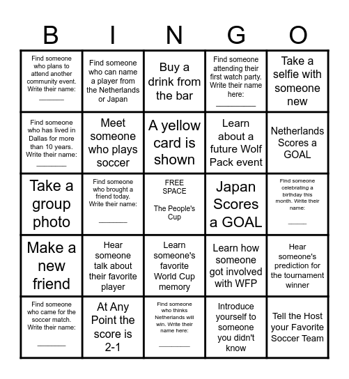 World Cup Watch Party Bingo Card