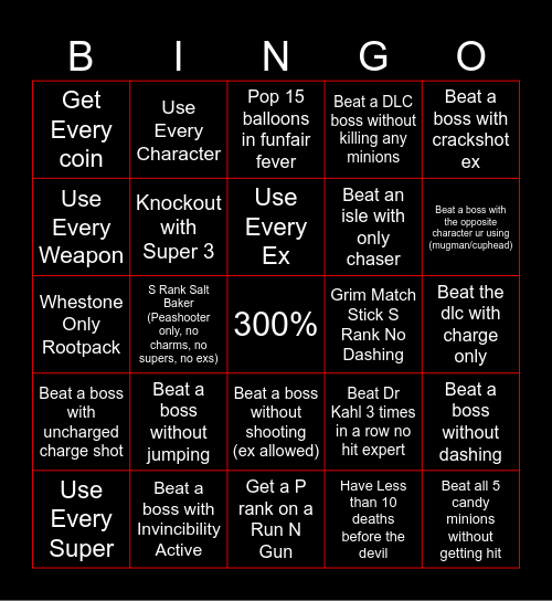 Cuphead Blackout Bingo Card