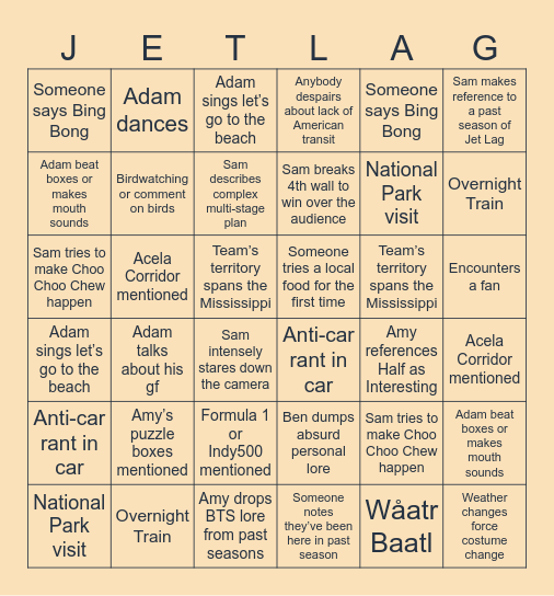Jet Lag Season 18 Bingo Card