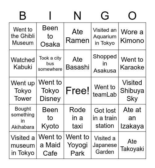 Japan Checklist Bingo Card