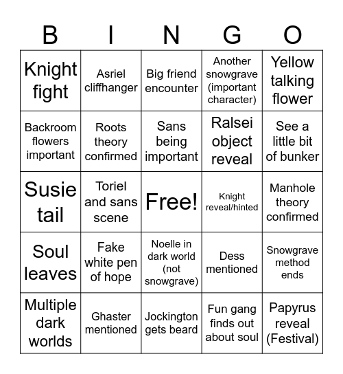 Deltarune chapter 5 Bingo Card