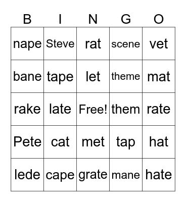 A and E Vowel Bingo Card