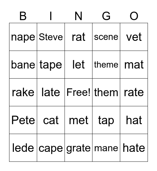 A and E Vowel Bingo Card