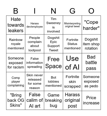 Fortnite Community Bingo Card