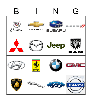 Cars Bingo Card