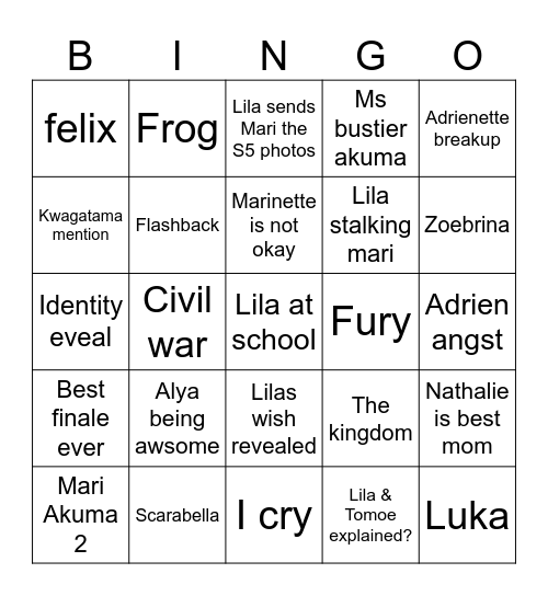 MLB s6 finale Bingo Card