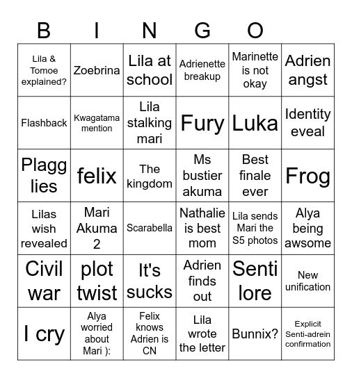 MLB s6 finale Bingo Card