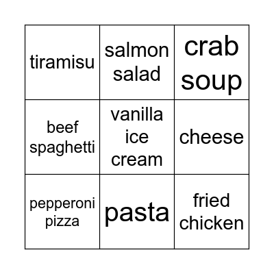 Restaurant Bingo Card