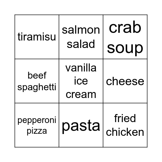 Restaurant Bingo Card