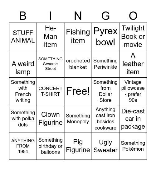 Thrift Store Scavenger Hunt Bingo Card